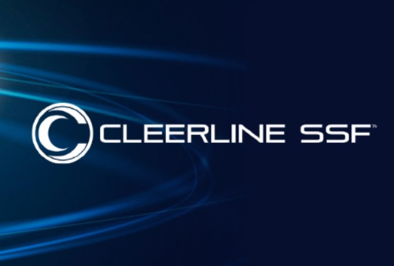 Cleerline SSF logo featuring white text and a circular design on a dark blue background with light blue curved lines, transforming the Logan Entertainment Centre's visual identity.