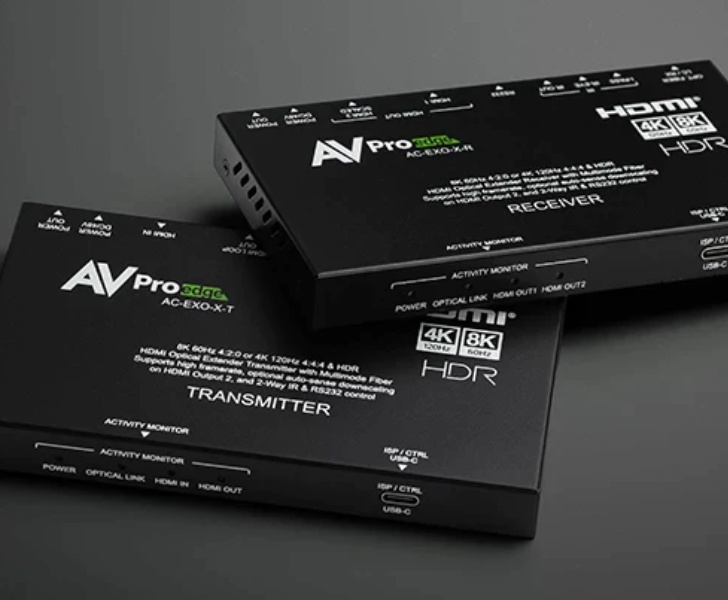 Two AVPro HDMI devices labeled "TRANSMITTER" and "RECEIVER" with 4K and 8K HDR capabilities are placed on a dark surface.